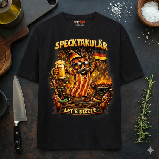 Schwarzes Meatware Oversized T-Shirt mit lustigem Bacon BBQ Design „Specktakulär – Let’s Sizzle“, Grillmotiv mit Bier, Würstchen und Deutschlandflagge im rustikalen Küchen Mockup – Shirts & more mit Geschmack