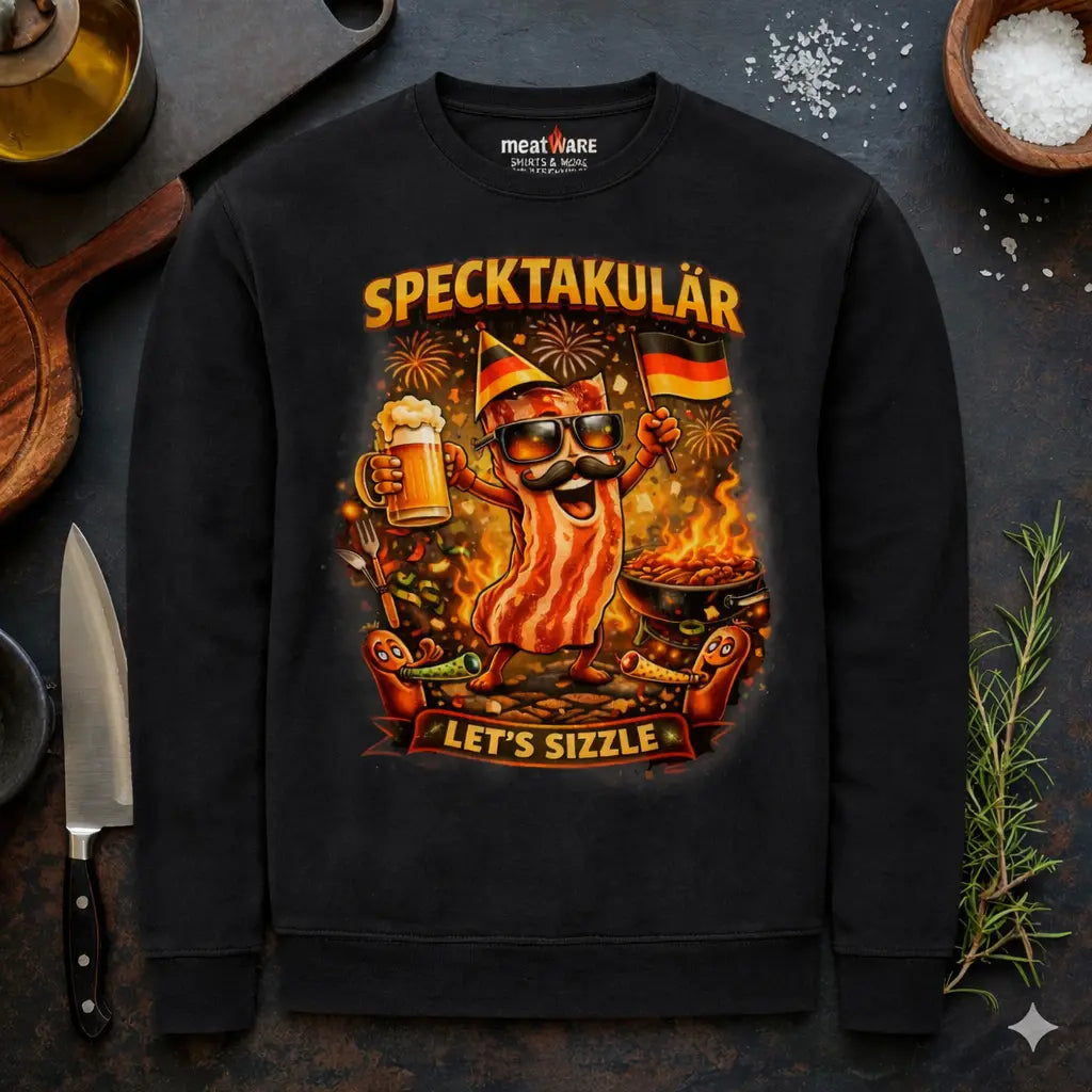 Mann im schwarzen Meatware Organic Sweatshirt aus Bio-Baumwolle mit feierndem Bacon-Print