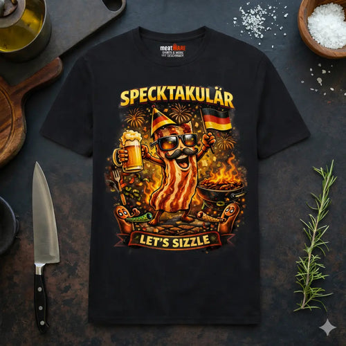 Schwarzes Meatware Premium T-Shirt mit lustigem Bacon BBQ Design „Specktakulär – Let’s Sizzle“, Grillmotiv mit Bier, Würstchen und Deutschlandflagge im rustikalen Küchen Mockup – Shirts & more mit Geschmack