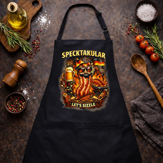 Schwarze Meatware Grillschürze mit SPECKTAKULAR Bacon BBQ Design im rustikalen Küchen Mockup mit Gewürzen und Grill Zubehör, humorvolle Kochschürze für Grillfans