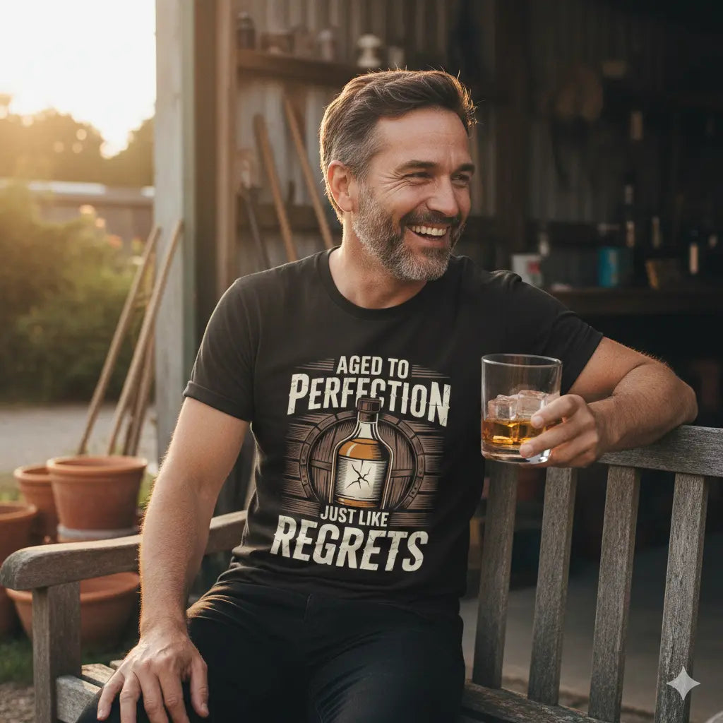 Authentischer Mann lacht mit Whiskey-Glas auf Holzbank, trägt das schwarze Meatware T-Shirt mit dem Motiv 'Aged to Perfection - Just like regrets'