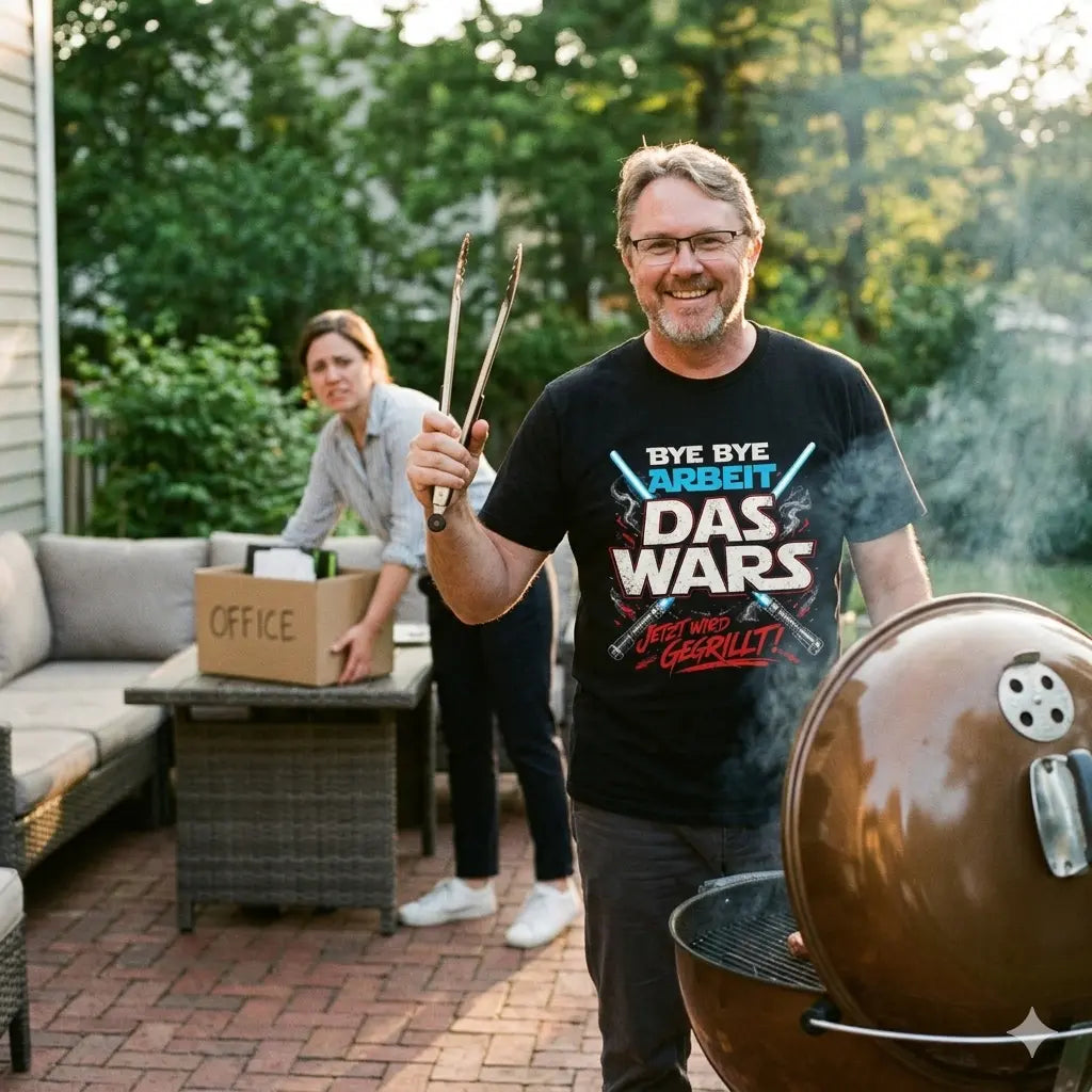 Kollege im Meatware T-Shirt „Das Wars – Abschied Grillen“ bei seiner Abschiedsfeier im Garten.