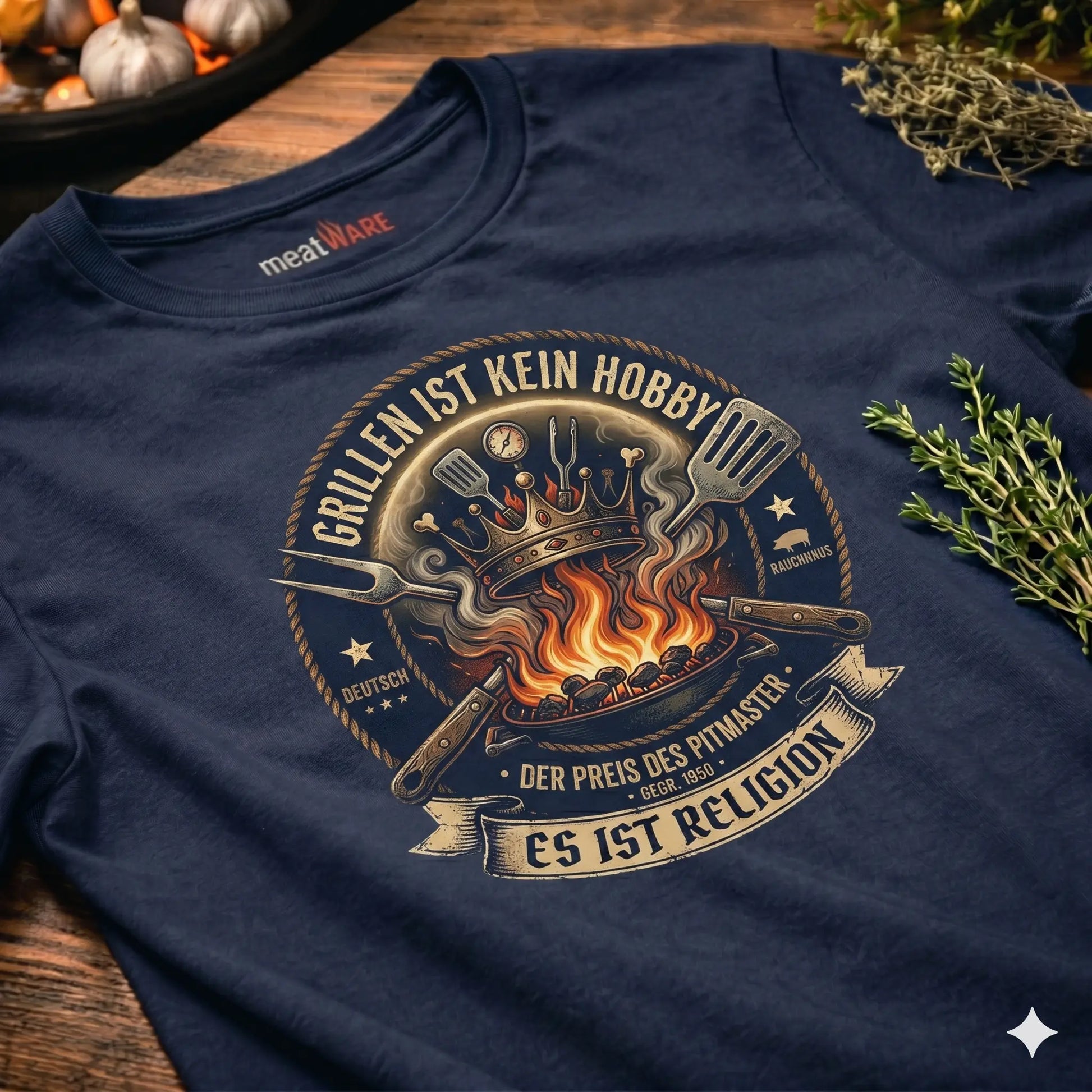 Draufsicht-Mockup eines dunkelblauen T-Shirts der Marke 'meatWARE', flach liegend auf einem rustikalen Holztisch. Das Shirt zeigt ein detailliertes Grafikdesign im Vintage-Emblem-Stil mit einer Krone über Flammen, Grillbesteck und dem deutschen Text 'GRILLEN IST KEIN HOBBY - ES IST RELIGION'. Umgeben ist das T-Shirt von Küchen-Requisiten wie einer Schale mit glühenden Kohlen, Knoblauch und frischen Kräutern.
