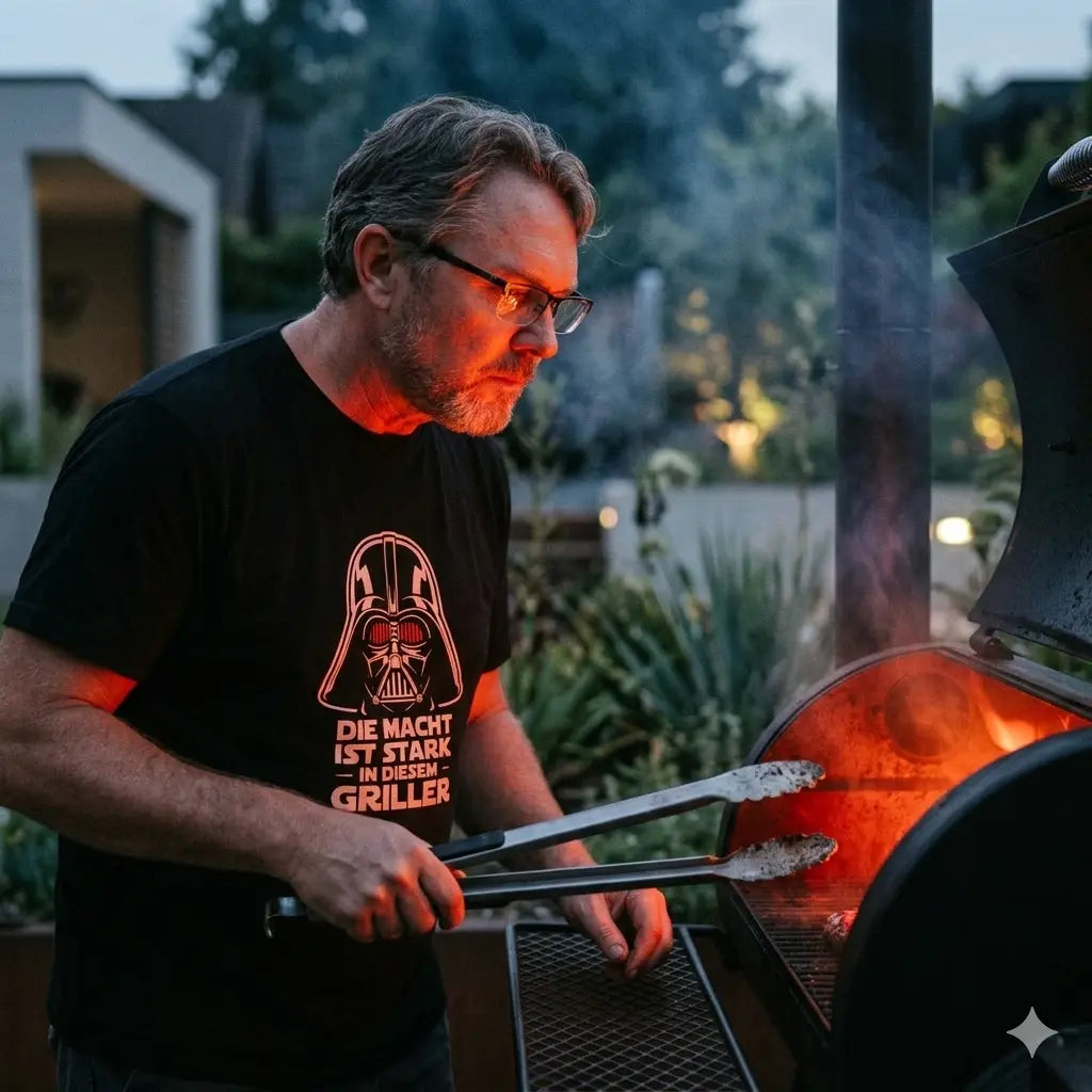 Mann im Meatware T-Shirt „Die Macht ist stark in diesem Griller“ am glühenden Kugelgrill.