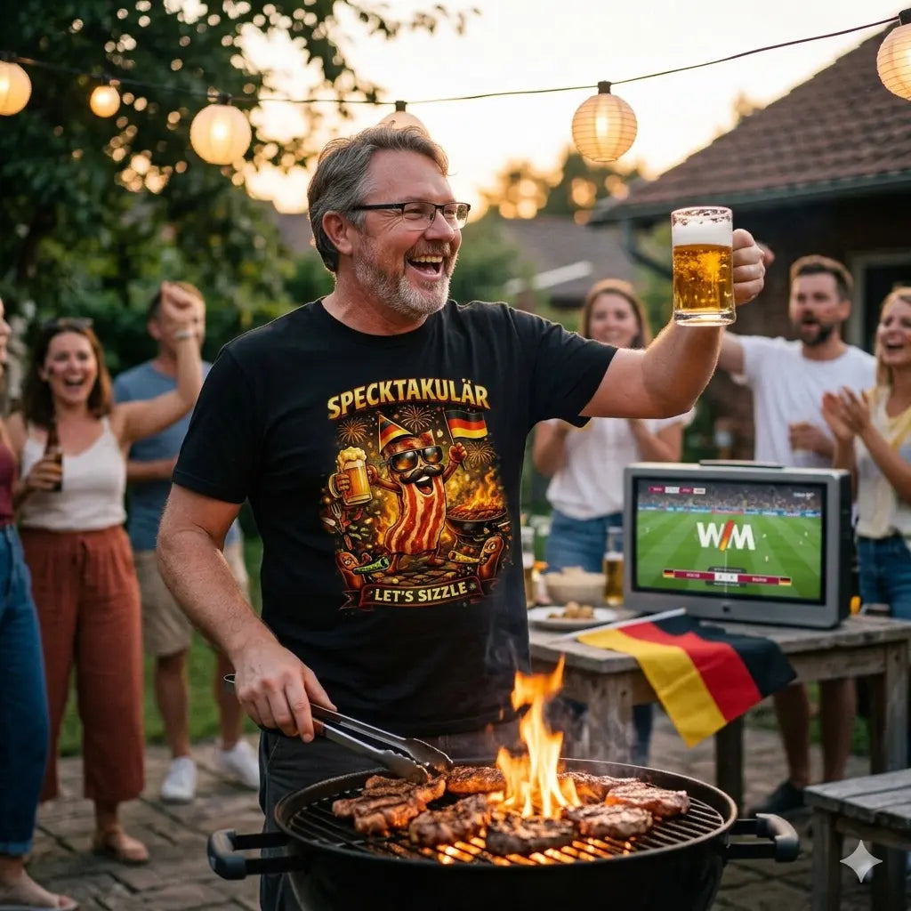 Mann im Meatware T-Shirt „Specktakulär Let's Sizzle“ feiert mit Bier am Grill