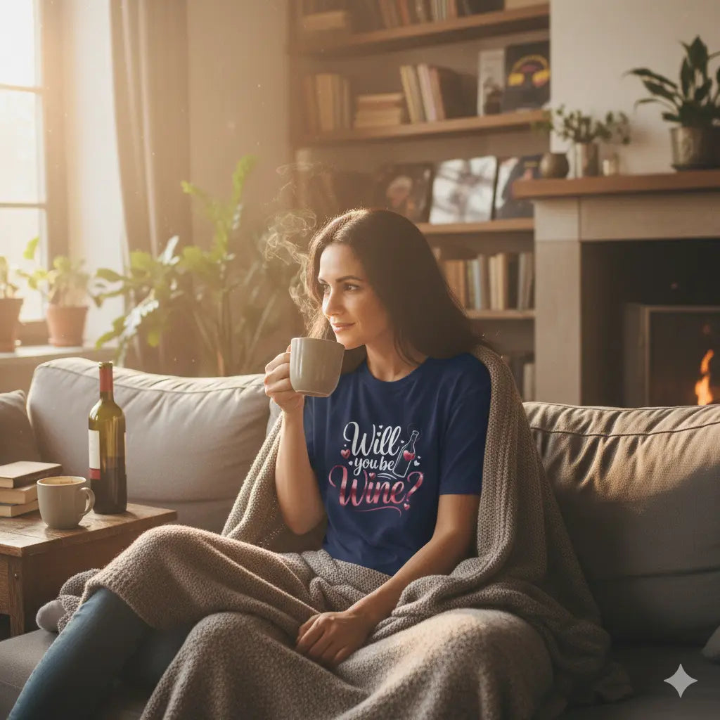 Ein schwarzes T-Shirt der Marke Meatware mit dem elegant geschwungenen Schriftzug „Will you be Wine?“ in einem edlen Weinrot-Rosé-Verlauf, verziert mit einer Weinflasche und kleinen Herzen