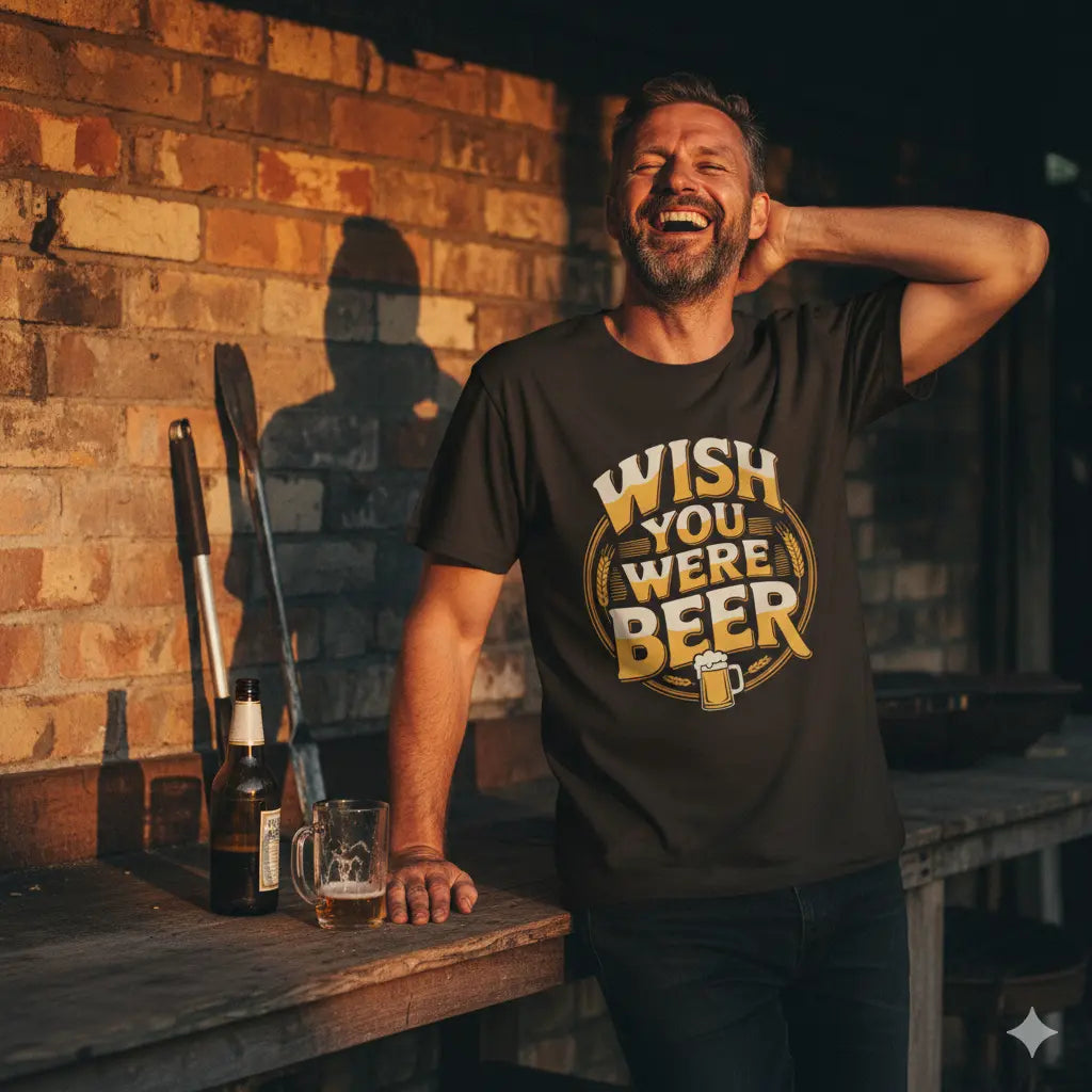 Ein schwarzes T-Shirt von Meatware mit der großen Aufschrift „Wish You Were Beer“ in einer gelb-weißen Bier-Optik, umrahmt von Gerstenähren.