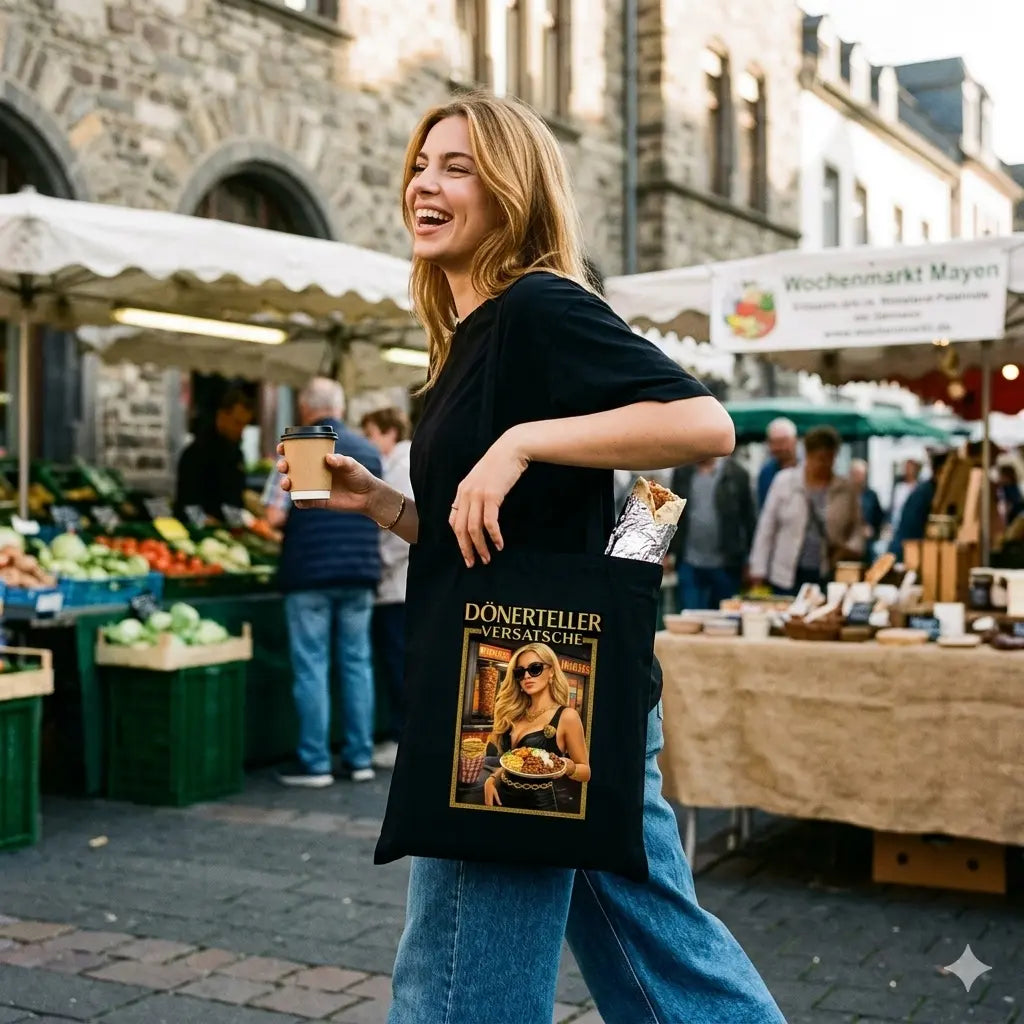 Schwarzer Baumwollbeutel mit goldenem „Dönerteller Versatsche“ Print im urbanen Einsatz