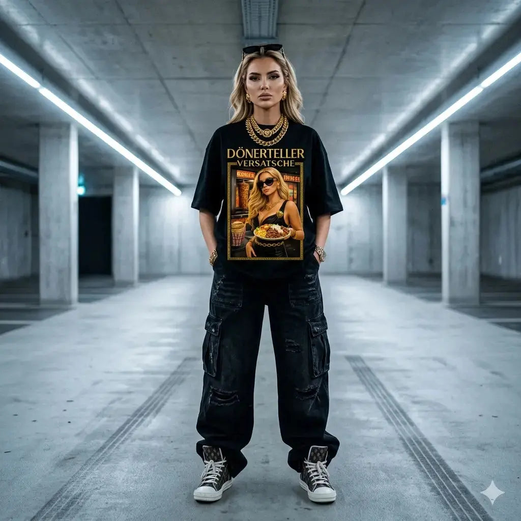 Lässiges Model im schweren Meatware Oversized Shirt „Dönerteller Versatsche“ aus 240 GSM Baumwolle