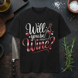 Meatware T-Shirt in Schwarz mit romantischem Wein-Design und Spruch „Will you be Wine?“, humorvolles Valentinstags-Shirt für Weinliebhaber, Paare und Genießer, ideales Geschenk für Date Night und Liebe mit Geschmack.