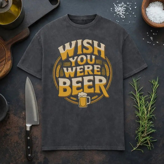 Meatware Oversized T-Shirt in Anthrazit mit Retro-Bierdesign und Spruch „Wish You Were Beer“, lässiges Oversized Shirt für Bierliebhaber, Grillfans und Männer mit Humor, ideal für BBQ, Männerabend und Festival.
