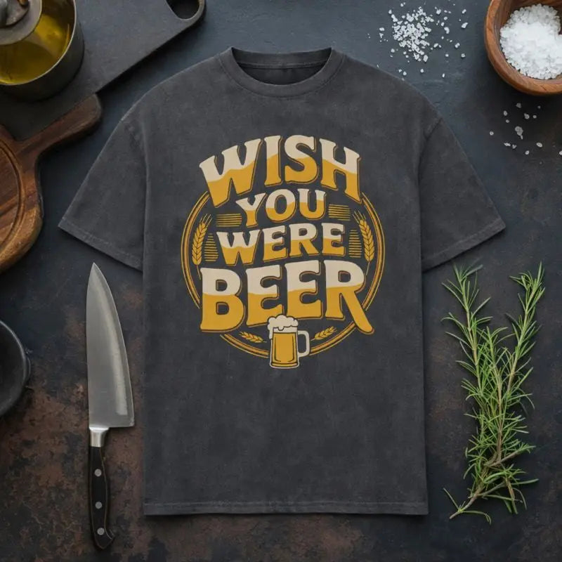 Meatware Oversized T-Shirt in Anthrazit mit Retro-Bierdesign und Spruch „Wish You Were Beer“, lässiges Oversized Shirt für Bierliebhaber, Grillfans und Männer mit Humor, ideal für BBQ, Männerabend und Festival.
