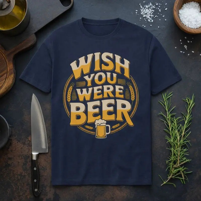 Meatware T-Shirt in Navy mit Retro-Bierdesign und Spruch „Wish You Were Beer“, humorvolles Shirt für Bierliebhaber, Grillfans und Männer mit Humor, ideal für BBQ, Männerabend und Vatertag.