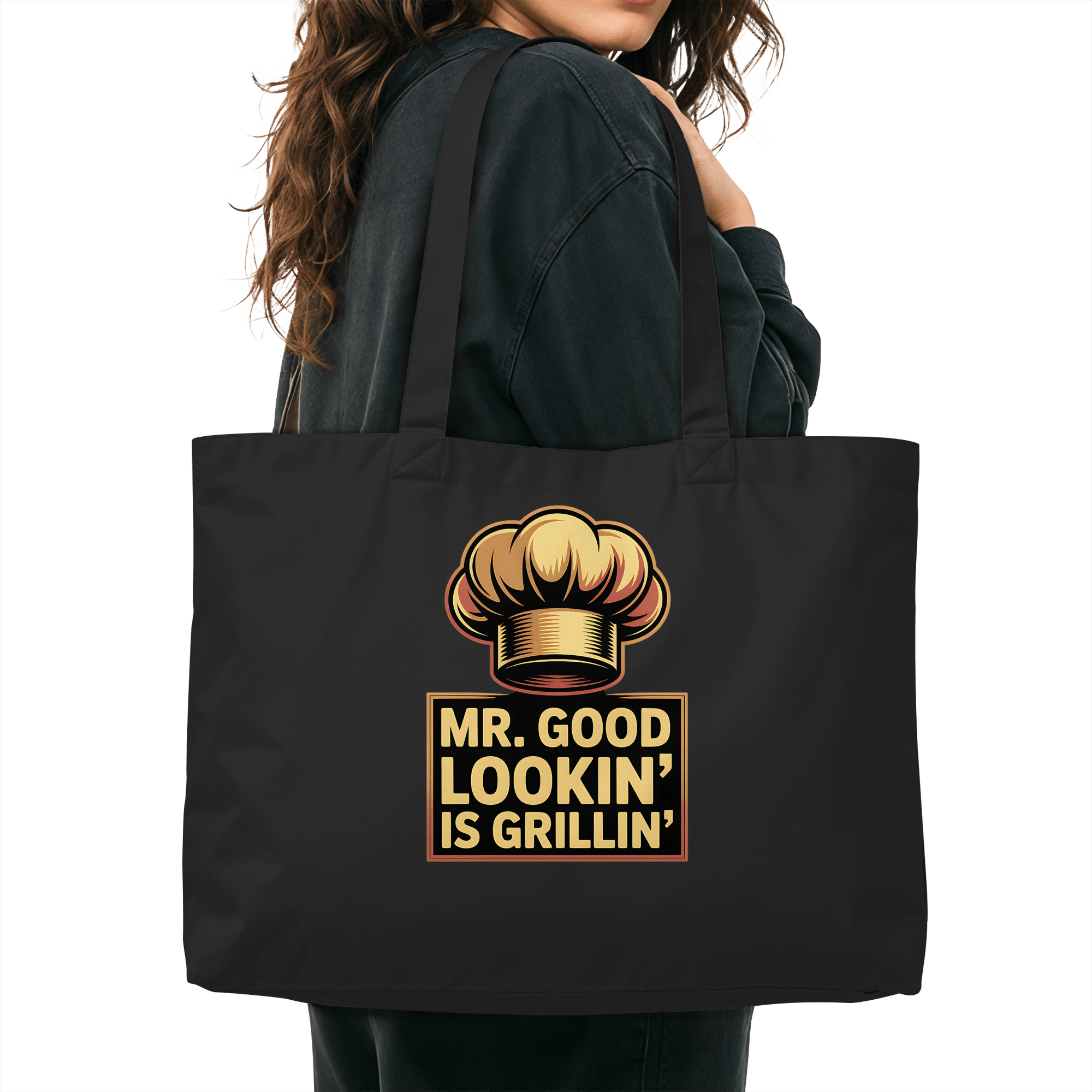 Organic shopping-bag with 'Mr. Good Lookin’ is Grillin’' design, perfect for eco-friendly grill enthusiasts. Sustainable, stylish tote.