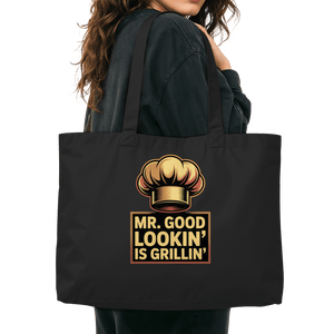 Organic shopping-bag with 'Mr. Good Lookin’ is Grillin’' design, perfect for eco-friendly grill enthusiasts. Sustainable, stylish tote.