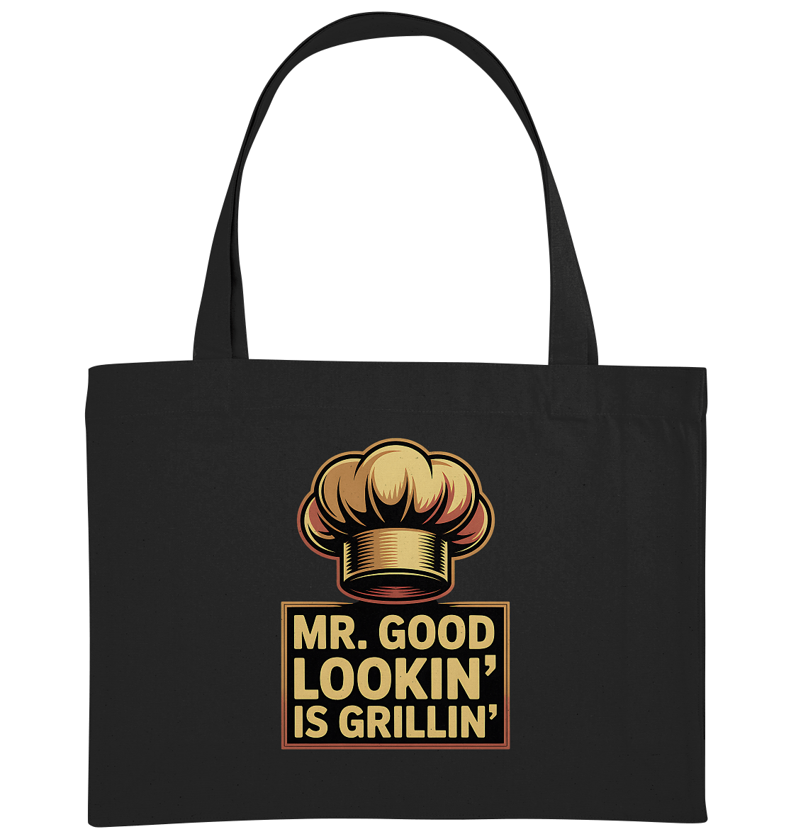 Organic shopping bag with 'Mr. Good Lookin’ is Grillin’' design, perfect for eco-conscious BBQ enthusiasts.