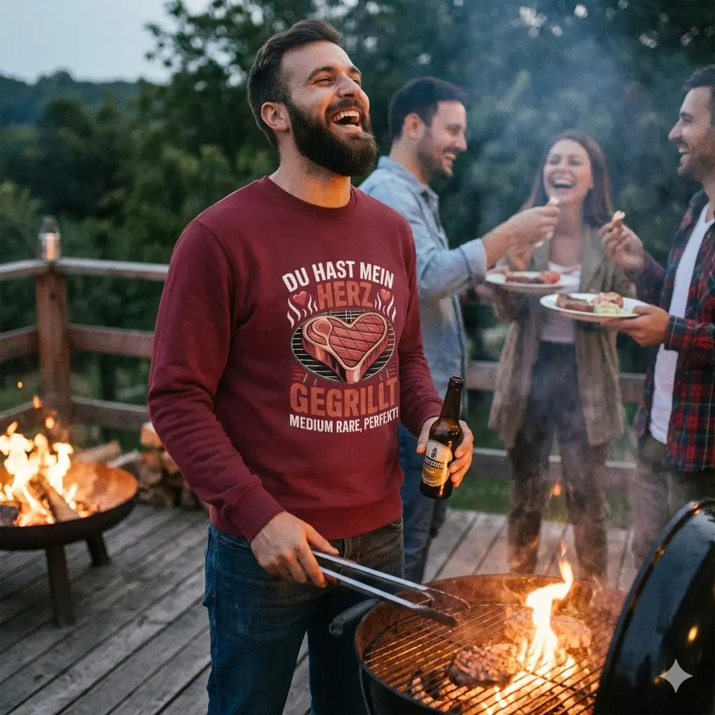 Mann in weinrotem Organic Sweatshirt mit Steak-Herz-Motiv "Du hast mein Herz gegrillt" genießt BBQ-Abendstimmung.