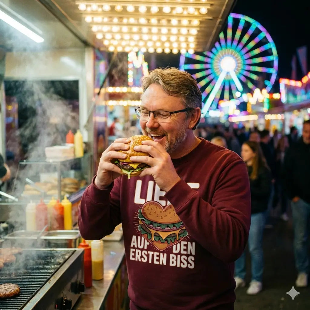 Mann im Sweatshirt "Liebe auf den ersten Biss" genießt glücklich einen Burger vor buntem Riesenrad auf dem Jahrmarkt
