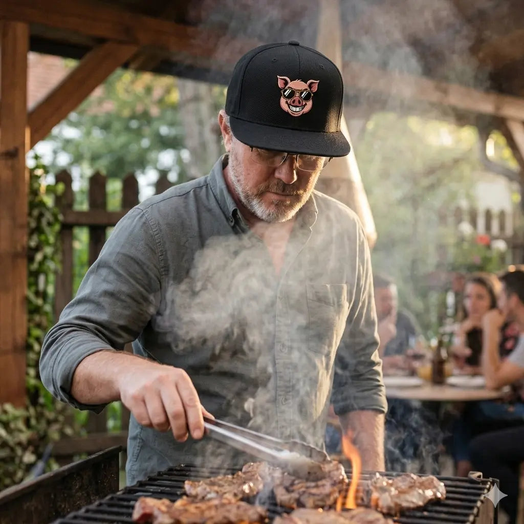 Authentisches Foto: Klaus (User) in der schwarzen Snapback-Cap "Pig Boss" am rauchenden Grill, tief gezogenes Visier, Schatten.