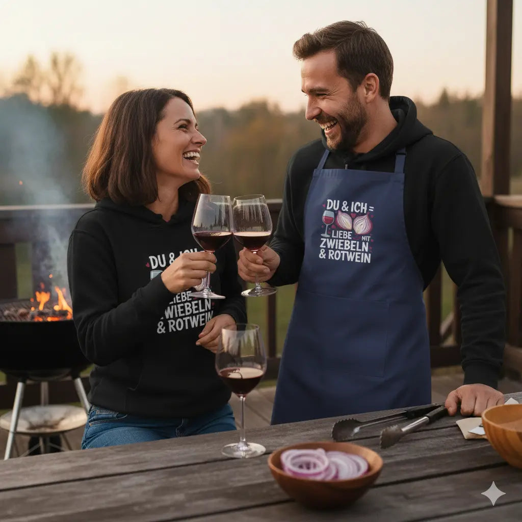 Mann in blauer Grillschürze mit Zwiebel-Motiv lacht am lodernden Grill; rustikale Holzterrasse, Meatware-Stil