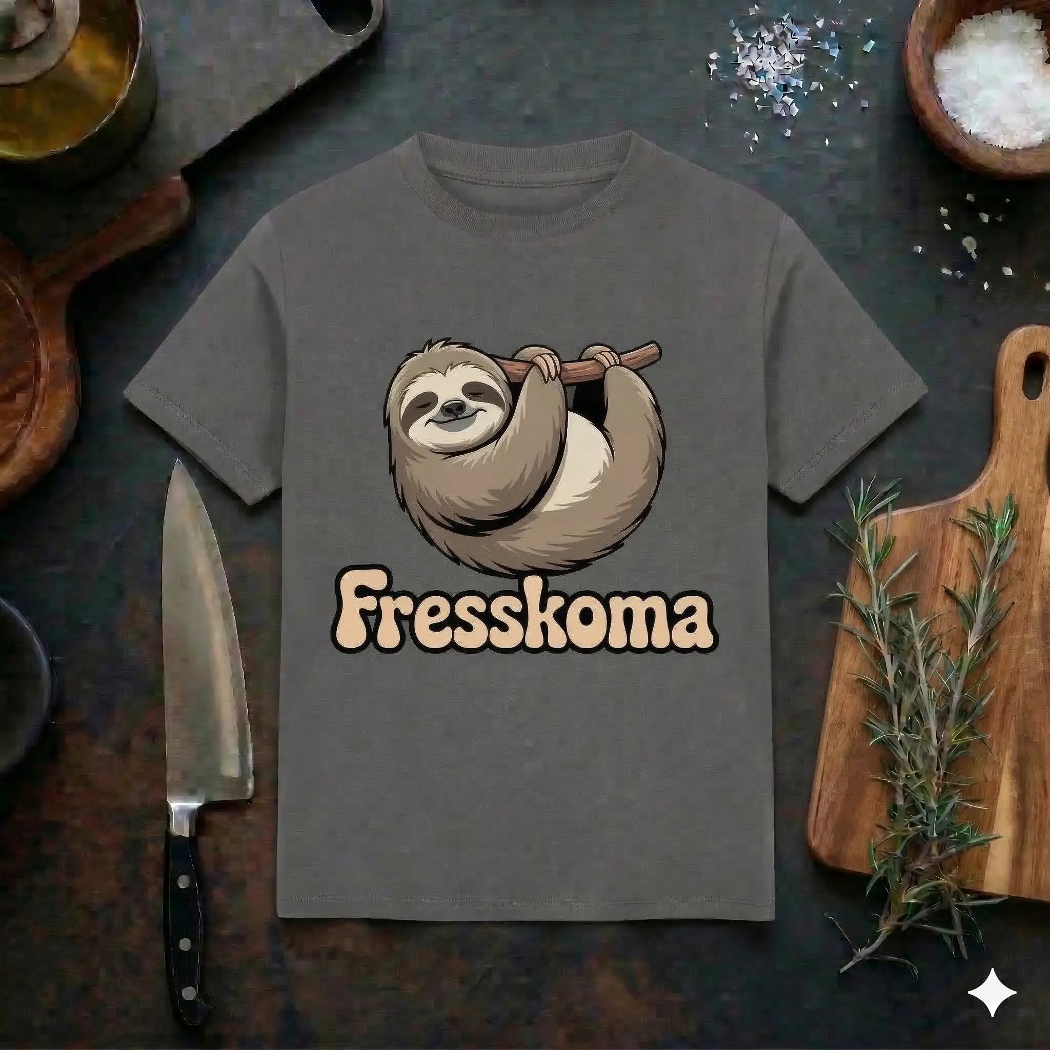 Dunkelgraues Premium-Oversized-T-Shirt im Acid-Wash-Look mit einem "Fresskoma"-Aufdruck (schlafendes Faultier). Das Shirt liegt flach auf einem dunklen Hintergrund, umgeben von Grill-Utensilien wie einem Messer, Rosmarin, Salz und einem Holzschneidebrett.