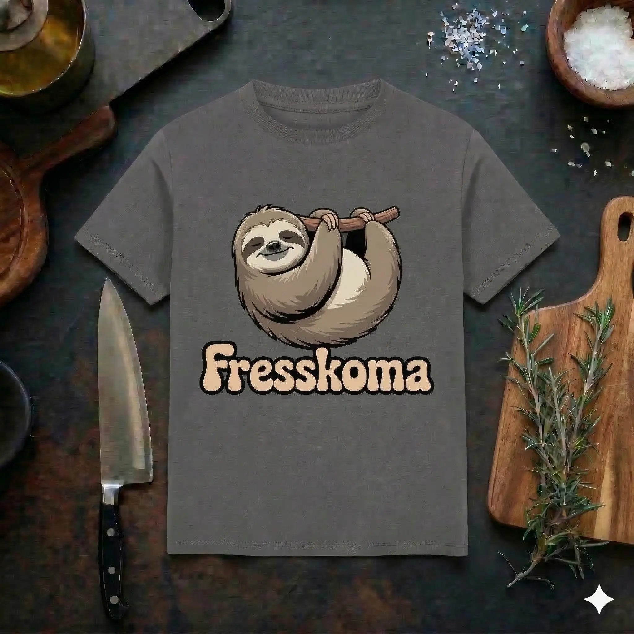 Hochwertiges Premium-Unisex-T-Shirt in Dunkelgrau mit einem humorvollen "Fresskoma"-Aufdruck, der ein schlafendes Faultier an einem Ast zeigt. Das Shirt liegt flach auf einem rustikalen Hintergrund neben Küchenutensilien wie einem Messer und frischen Kräutern.
