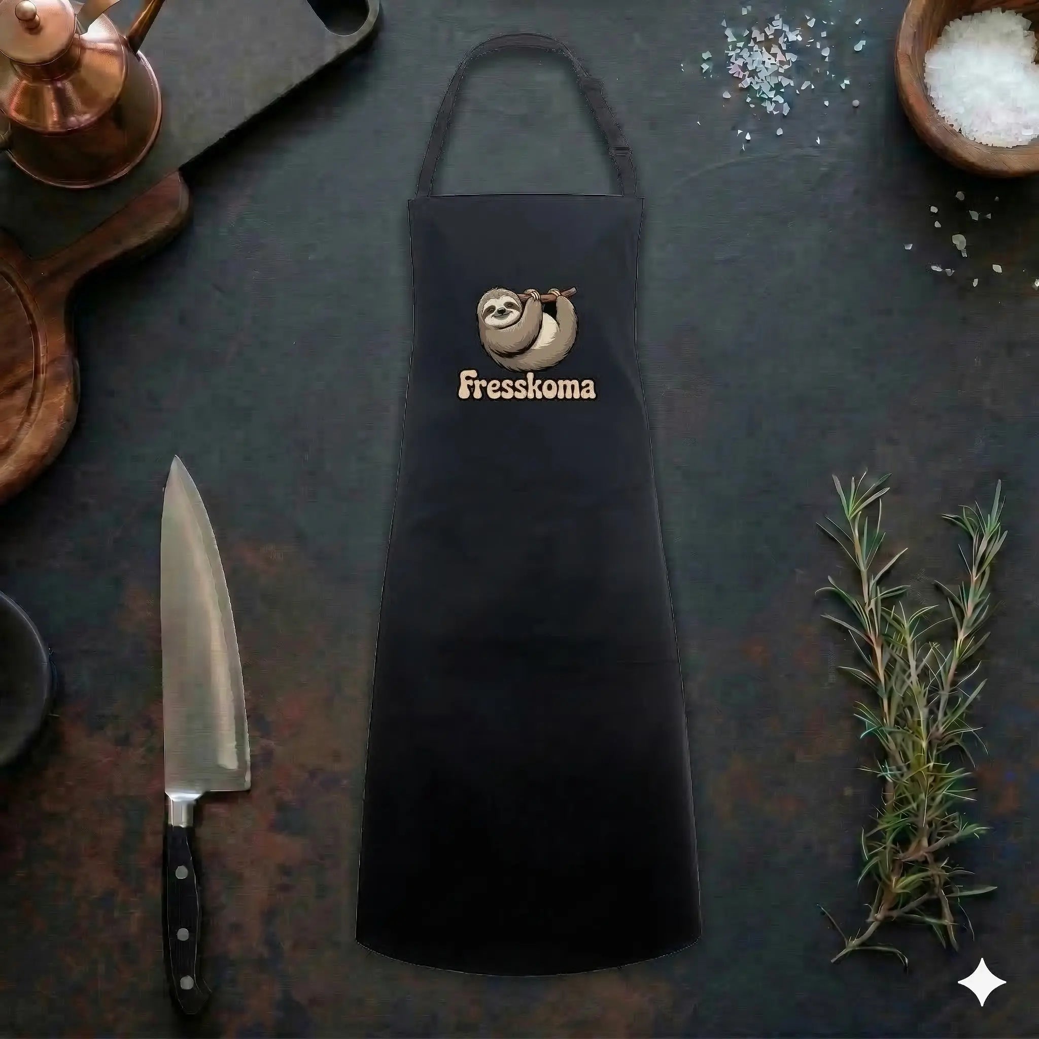 Schwarze Kochschürze mit einem lustigen "Fresskoma"-Aufdruck (schlafendes Faultier an einem Ast), flach liegend auf einer dunklen Arbeitsplatte. Umgeben von Küchenutensilien wie einem Profi-Messer, einem Kupferkessel, Rosmarinzweigen und einer Schale mit grobem Meersalz.