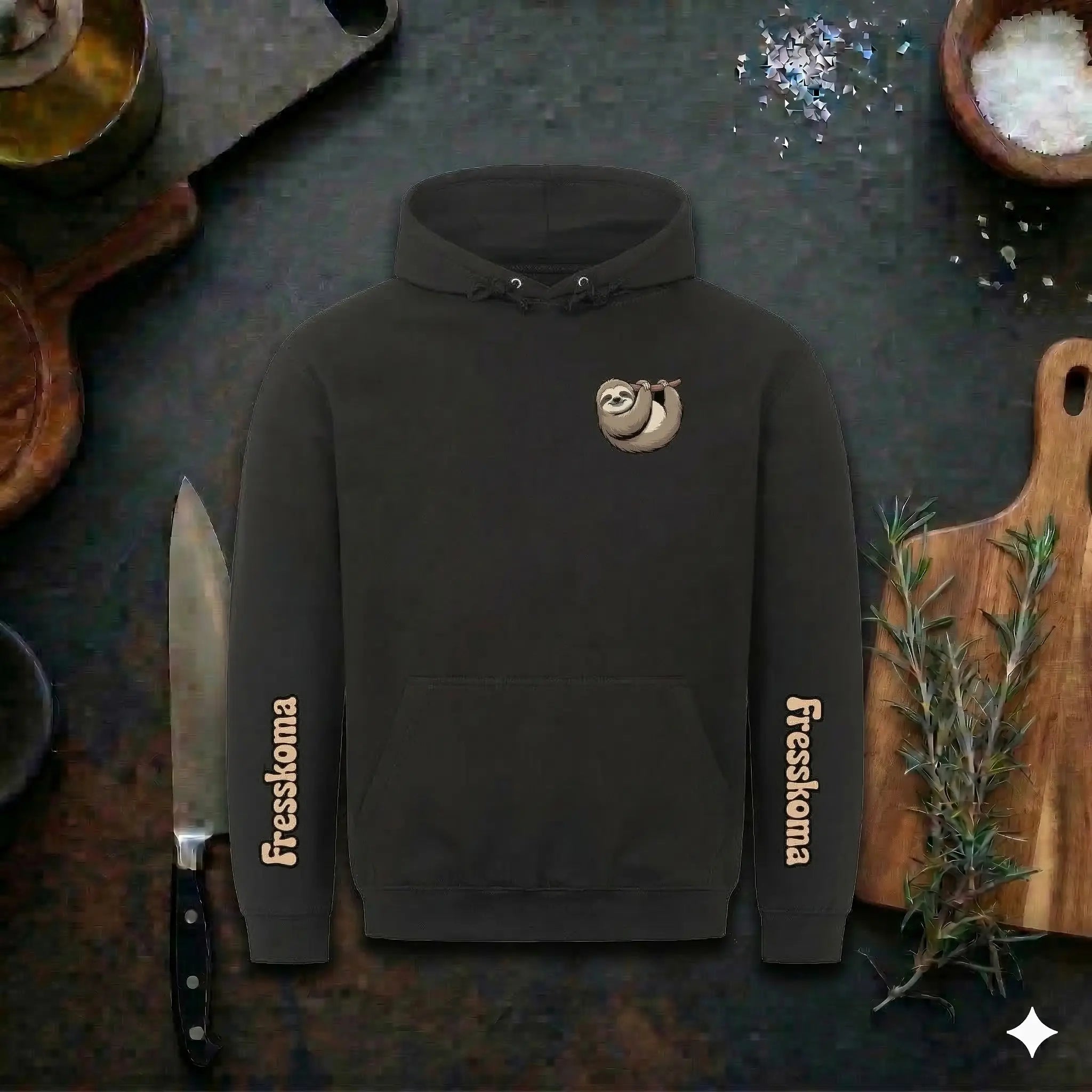 Schwarzer Premium-Hoodie mit einem "Fresskoma"-Aufdruck, der ein schlafendes Faultier an einem Ast auf der linken Brust zeigt. Der Hoodie liegt flach auf einem dunklen, rustikalen Hintergrund, umgeben von Grill-Utensilien wie einem Profi-Messer, Rosmarin, grobem Meersalz und einem Holzschneidebrett.