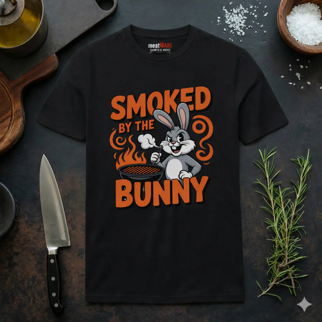 Schwarzes Meatware Premium T-Shirt mit Smoked by the Bunny BBQ Hasen Grill Design und Meatware Nackenbranding auf dunklem Küchen Hintergrund mit Messer, Rosmarin und Gewürzen