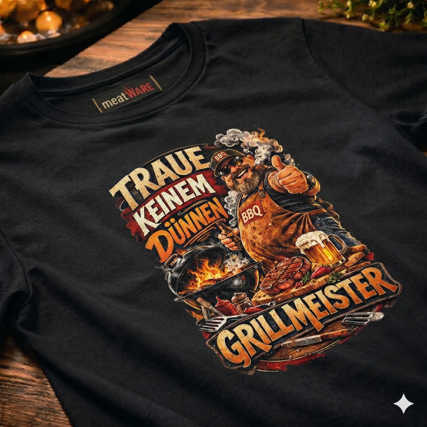 Ein fotorealistisches Produkt-Mockup eines schwarzen Baumwoll-T-Shirts, das diagonal auf einem dunklen, rustikalen Holztisch liegt. Auf der Brust ist eine detaillierte, farbenfrohe Vintage-Grafik im Retro-Stil eines bärtigen Grillmeisters in Schürze zu sehen, der einen Daumen hoch gibt. Die Grafik zeigt zudem einen brennenden Kettle-Grill, ein Steak auf einem Brett, Bierkrüge und die deutschen Texte "TRAUE KEINEM DÜNNEN" über dem Motiv und "GRILLMEISTER" darunter. Ein gewebtes Nackenlabel mit der Aufschrift