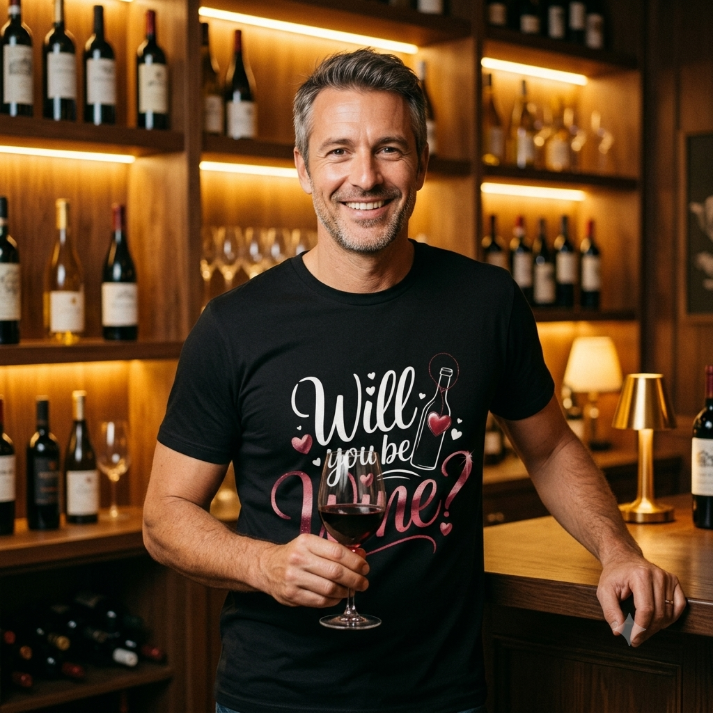 Ein Mann in den 40ern trägt ein schwarzes T-Shirt mit der Aufschrift 'Will you be Wine?' und hält ein Glas Rotwein in einer gemütlichen Bar.