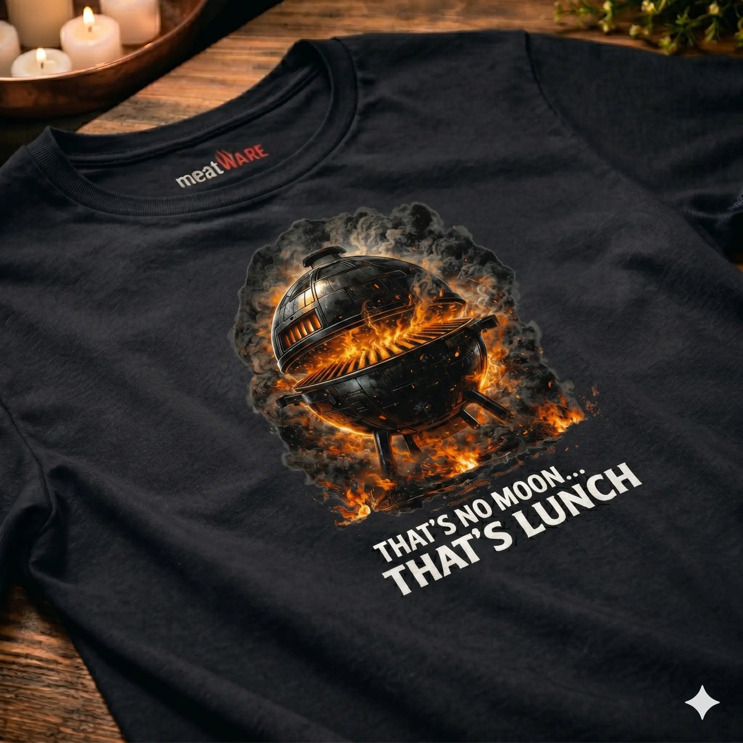 Draufsicht-Nahaufnahme eines schwarzen Baumwoll-T-Shirts, das flach auf einem rustikalen Holztisch liegt. Auf der Brust ist ein detailliertes Design eines brennenden, kugelrunden Grills im Stil des Todessterns zu sehen, umgeben von Feuer und Rauch. Darunter steht in weißen Buchstaben der Text: „THAT'S NO MOON... THAT'S LUNCH“. Im Nackenkragen ist ein cremefarbenes Label mit dem roten Logo „meatWARE“ eingenäht. Der Hintergrund zeigt unscharfe Kerzen und Kräuter.