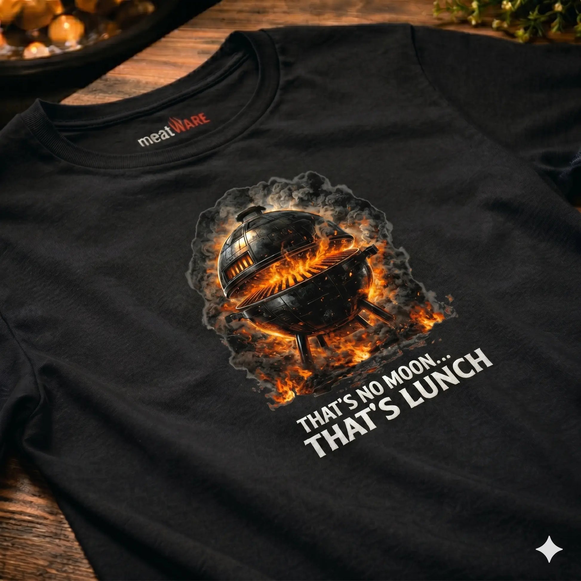 Draufsicht-Nahaufnahme eines schwarzen Baumwoll-T-Shirts, das flach auf einem rustikalen Holztisch liegt. Auf der Brust ist ein detailliertes Design eines brennenden, kugelrunden Grills im Stil des Todessterns zu sehen, umgeben von Feuer und Rauch. Darunter steht in weißen Buchstaben der Text: „THAT'S NO MOON... THAT'S LUNCH“. Im Nackenkragen ist ein cremefarbenes Label mit dem roten Logo „meatWARE“ eingenäht. Der Hintergrund zeigt unscharfe Kerzen und Kräuter.