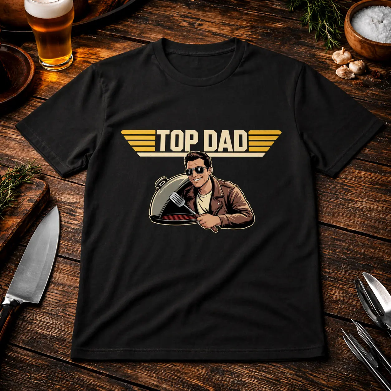 Schwarzes Premium T-Shirt mit „Top Dad“ Grillmotiv im rustikalen BBQ Mockup mit Bier, Küchenutensilien und Holzoberfläche als Geschenkidee zum Vatertag