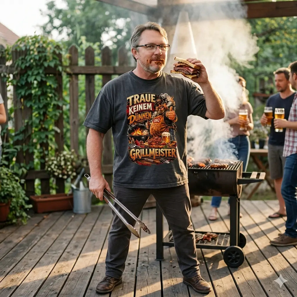 Breitbeiniger Grillmeister im Oversized-Shirt vor rauchendem Grill mit Steak-Sandwich und Zange.