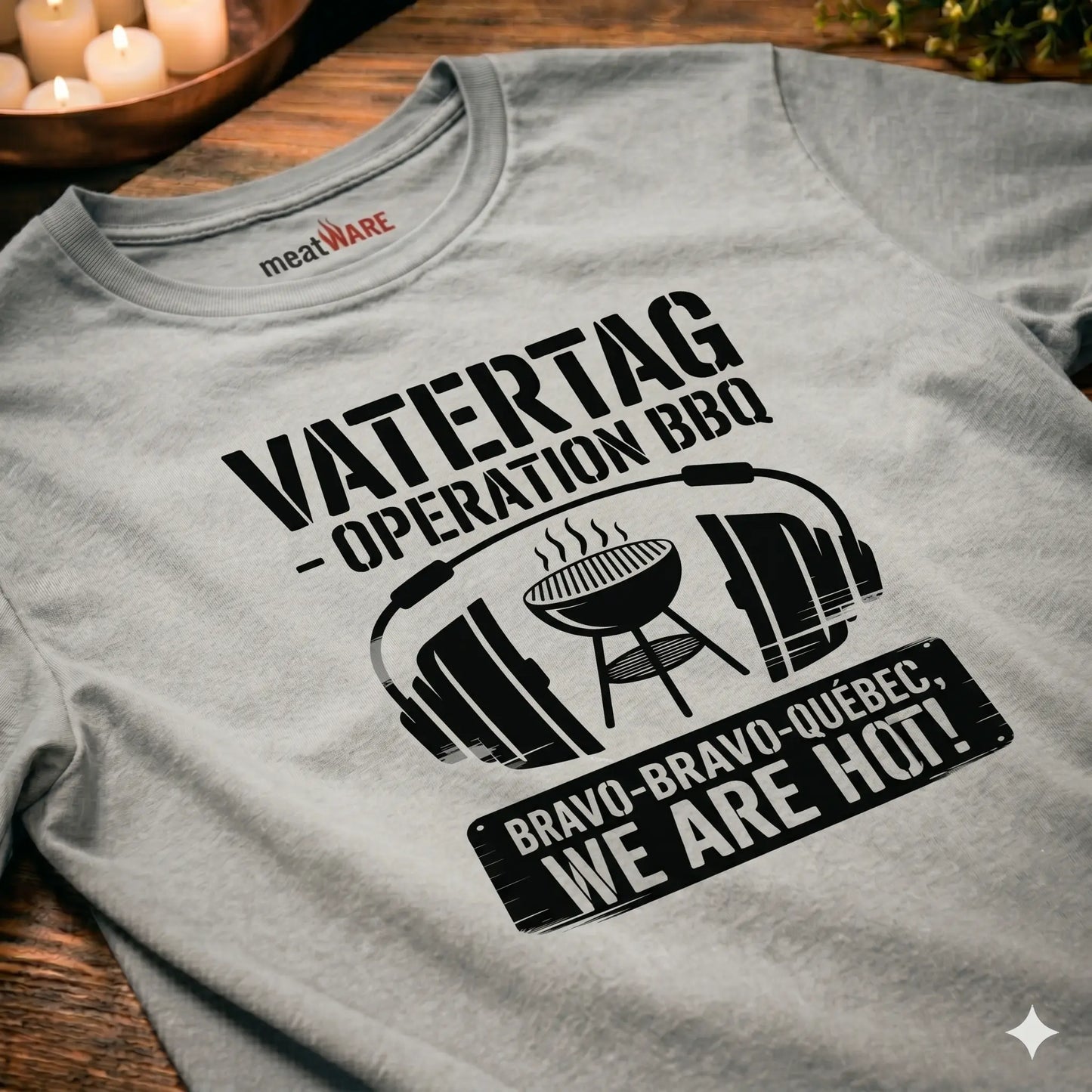 Draufsicht-Nahaufnahme eines grauen Oversized-T-Shirts mit Vintage-Waschung, flach liegend auf einem rustikalen Holztisch. Auf der Brust ist ein schwarzes Design mit der Aufschrift „VATERTAG – OPERATION BBQ“ zu sehen, darunter eine Illustration eines Grills, umgeben von großen Kopfhörern. Am unteren Rand befindet sich eine Plakette mit dem Text „BRAVO-BRAVO-QUÉBEC, WE ARE HOT!“. Im Nackenkragen ist ein cremefarbenes Label mit dem roten Logo „meatWARE“ eingenäht. Der Hintergrund zeigt unscharfe Kerzen und Kr
