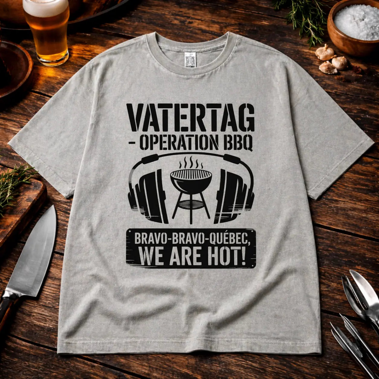 Graues Oversized T-Shirt mit „Vatertag Operation BBQ“ Grill Design in rustikalem BBQ Mockup mit Bier, Gewürzen und Holzoberfläche für Vatertag Geschenkideen