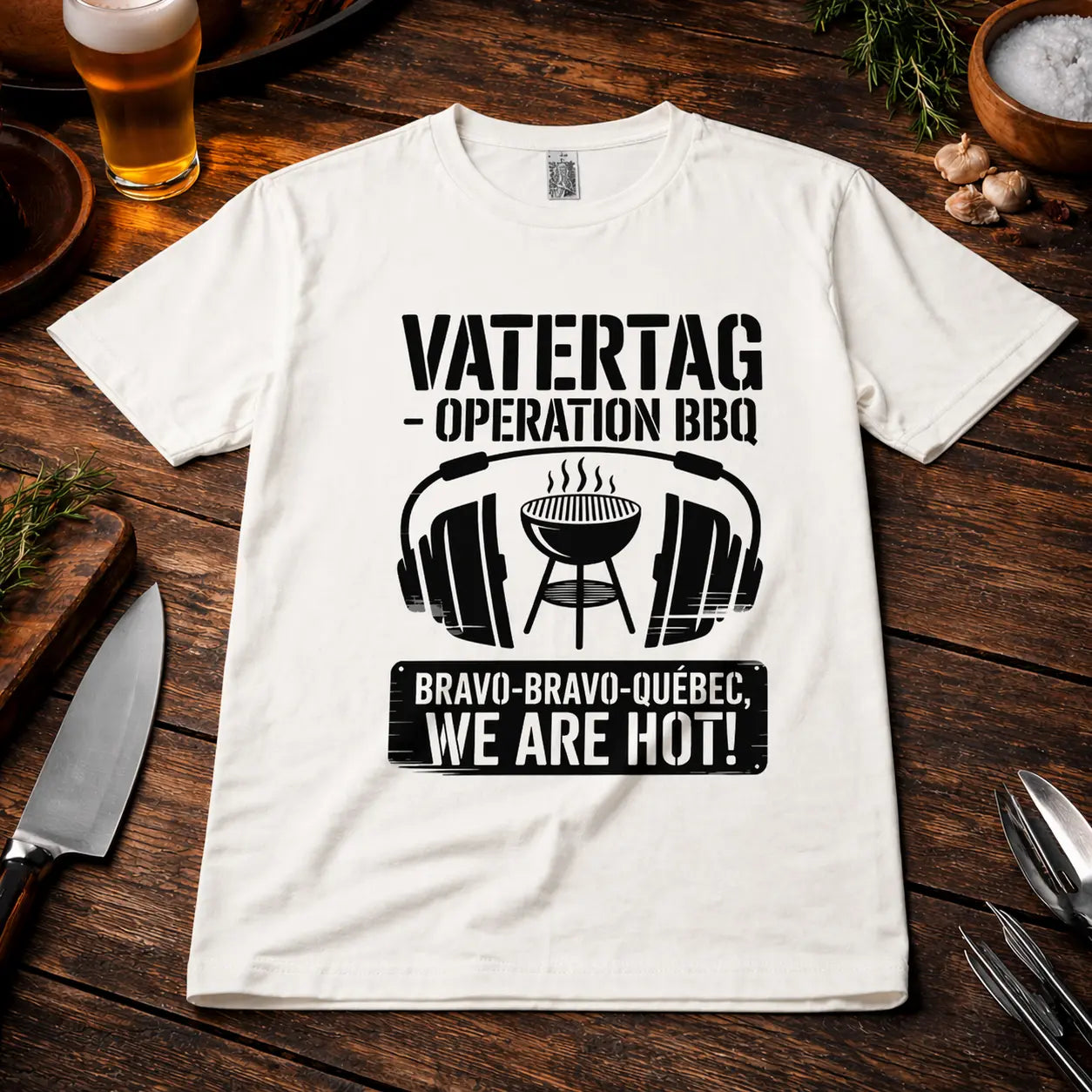 Creamfarbenes T-Shirt mit „Vatertag Operation BBQ“ Grill Design in rustikalem BBQ Mockup mit Bier, Gewürzen und Holzoberfläche für Vatertags Geschenkideen