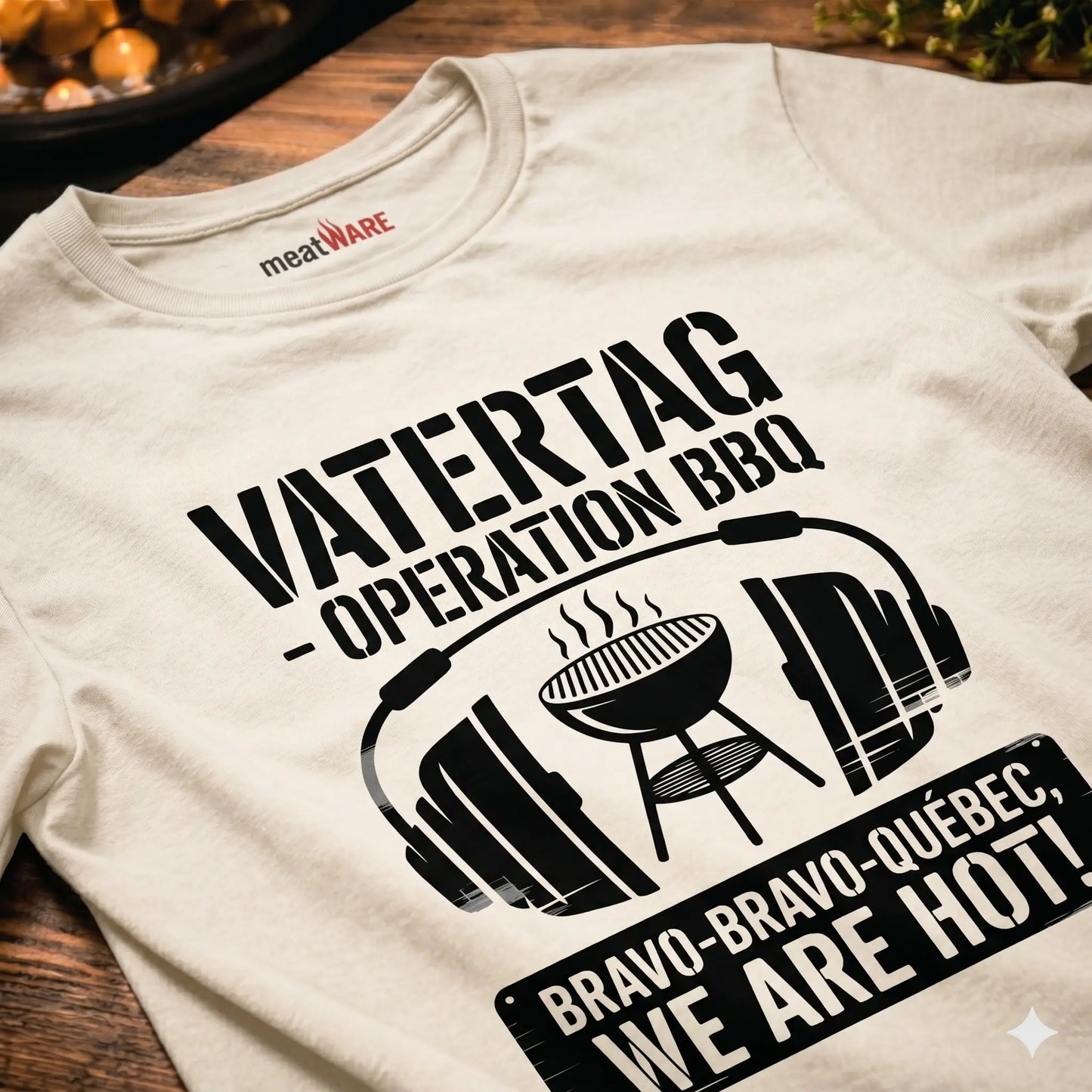 Ein schräg aufgenommenes Mockup eines cremefarbenen T-Shirts, das auf einem dunklen Holztisch liegt. Auf der Brust ist ein schwarzes Design mit dem Text "VATERTAG - OPERATION BBQ" zu sehen, darunter eine Illustration eines Grills, umgeben von großen Kopfhörern. Am unteren Rand befindet sich eine Plakette mit dem Text "BRAVO-BRAVO-QUÉBEC, WE ARE HOT!". Der Nackenkragen zeigt ein Label mit dem Logo "meatWARE". Die Szene ist von warmer Unschärfe und Kräutern umgeben.
