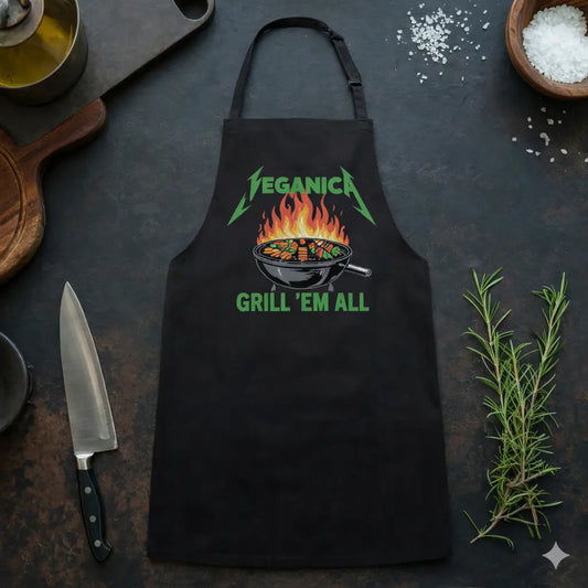 Schwarze Meatware Grillschürze mit Veganica Grill ’Em All BBQ Gemüse Grill Design im rustikalen Küchen Mockup mit Kochmesser, Rosmarin, Olivenöl und grobem Salz