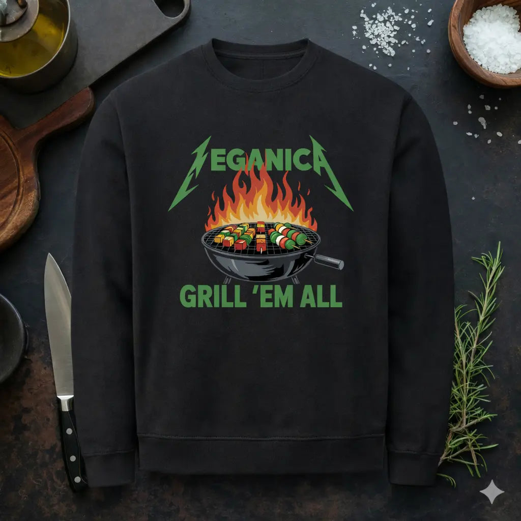 Schwarzes Meatware Premium Sweatshirt mit Veganica Grill ’Em All BBQ Gemüse Grill Design im rustikalen Küchen Mockup mit Messer, Rosmarin, Olivenöl und grobem Salz