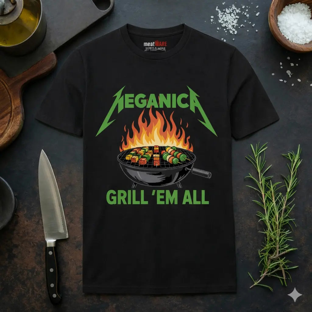 Veganica – Grill 'Em All T-Shirt | Lustige Metal & BBQ Parodie | Meatware®