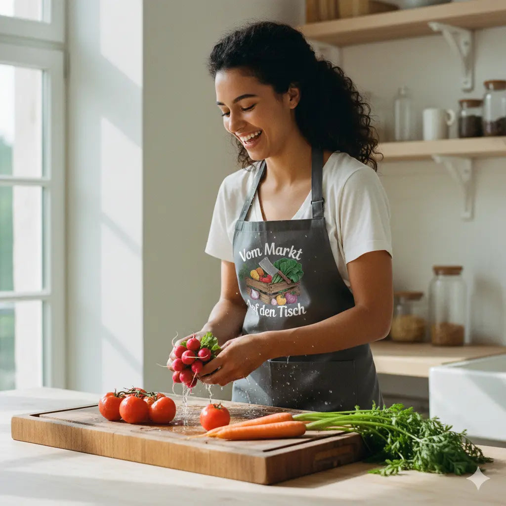 Schwarze Meatware Kochschürze mit bunter Gemüsekiste-Illustration und praktischer Fronttasche