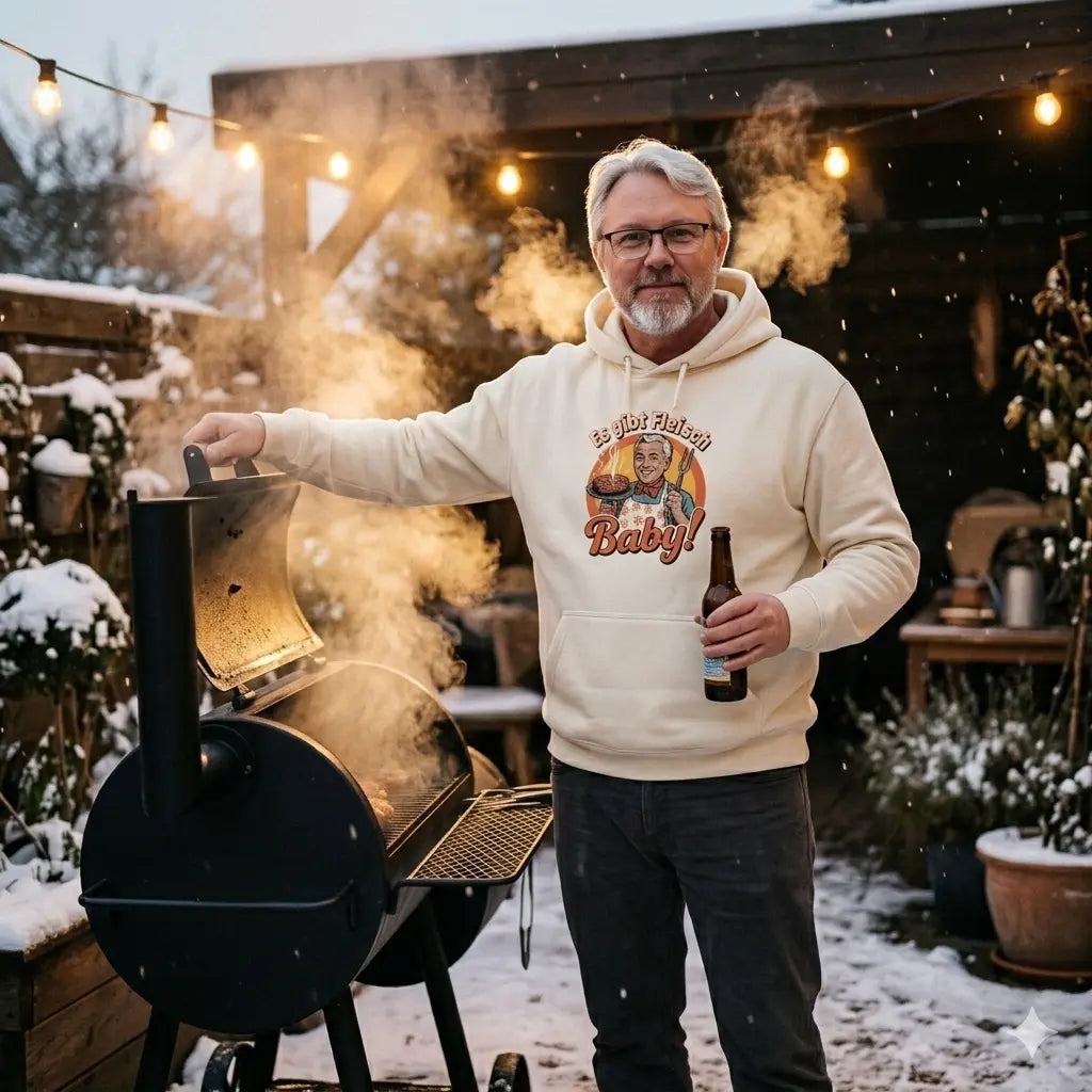 Candid-Foto eines glücklichen Mannes mit Brille am Smoker im Schnee, trägt cremefarbenen Hoodie mit Retro-Fleisch-Slogan.