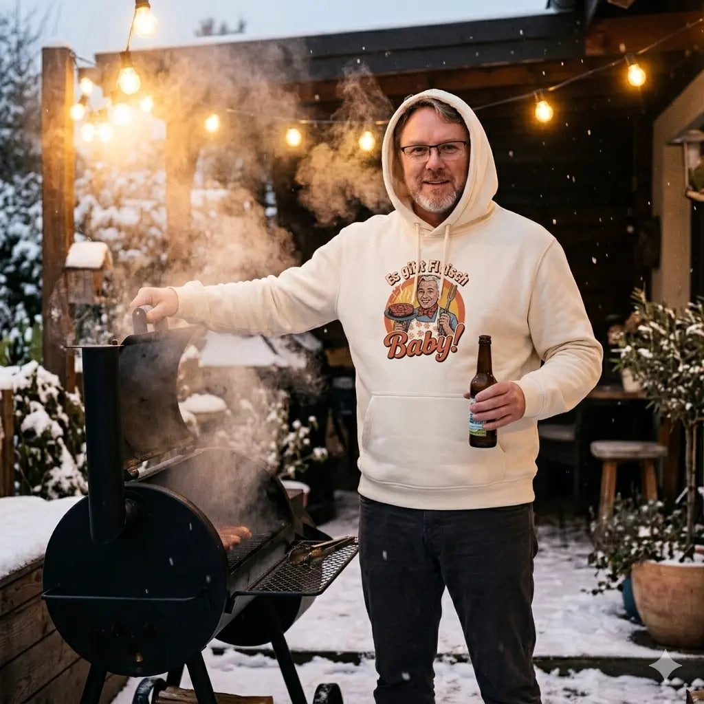 Heroischer Grillmeister im cremefarbenen Hoodie mit Retro-Slogan, am Smoker im Schnee bei Lichterkette.